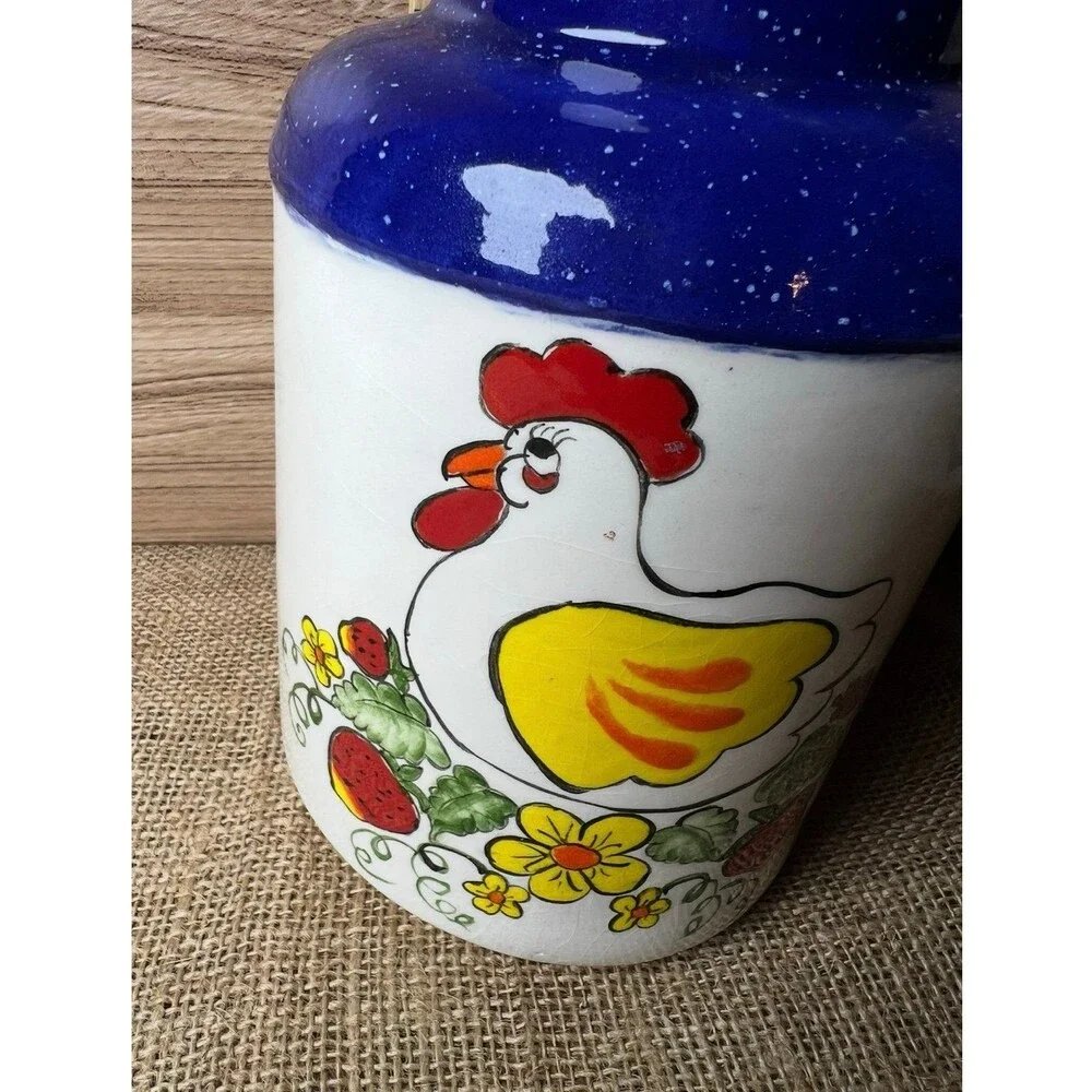 Vintage Ceramic Chicken Floral Strawberry Kitchen Canister Jar Blue Lid